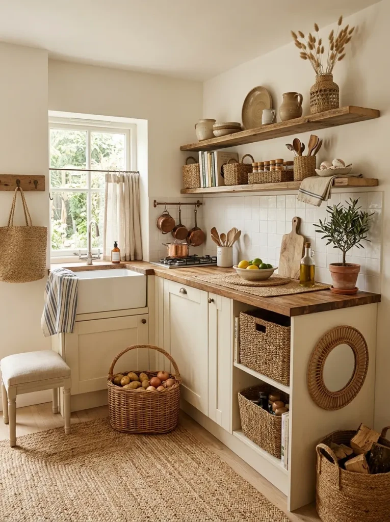 Small kitchen decorated with wicker baskets, seagrass textures, and coastal accessories.