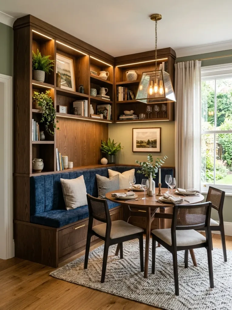 Custom corner dining room built-ins providing smart storage and decorative display space.