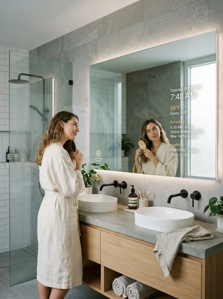 Modern smart mirror with anti-fog technology and minimalist design.