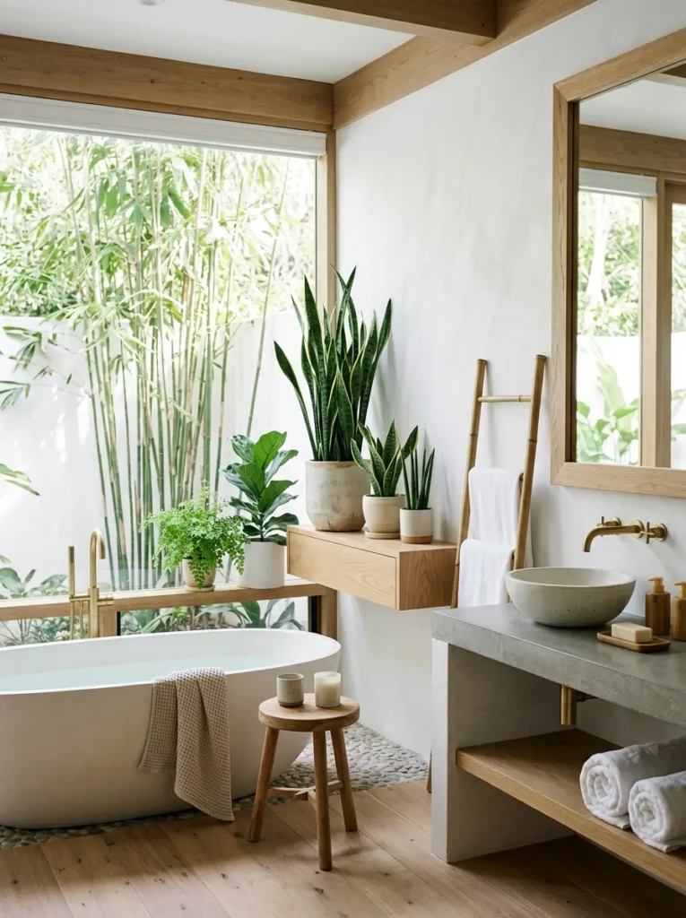 Snake plant and bamboo accents adding organic charm to a modern bathroom.