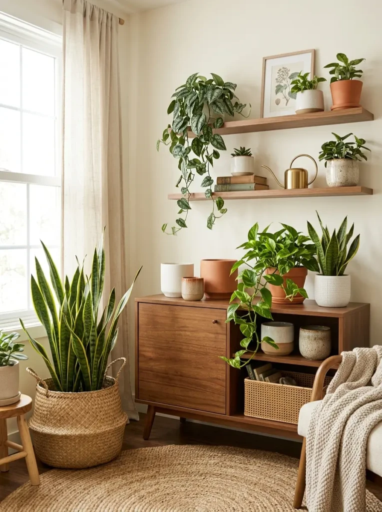 Snake plants and pothos displayed in woven baskets and ceramic planters.