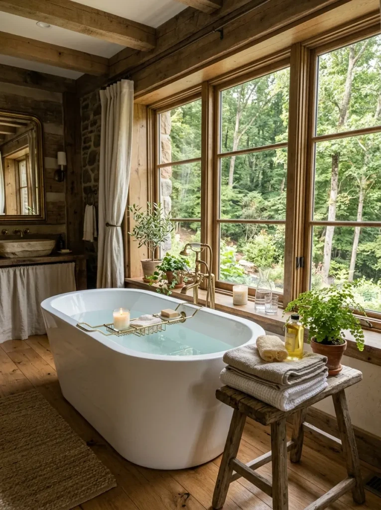 Rustic bathroom with a freestanding soaking tub, wood stool, and relaxing spa-like atmosphere.
