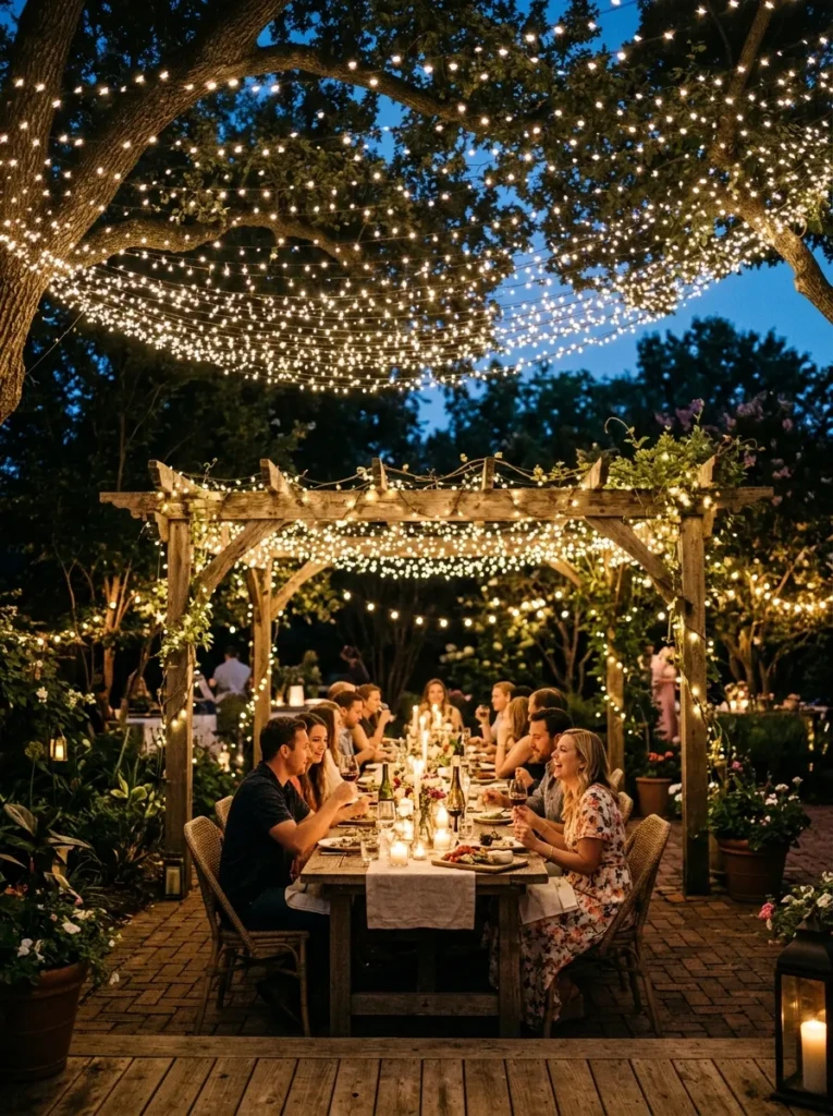 Sparkling solar fairy lights draped overhead between trees and pergolas, creating a magical outdoor setting.