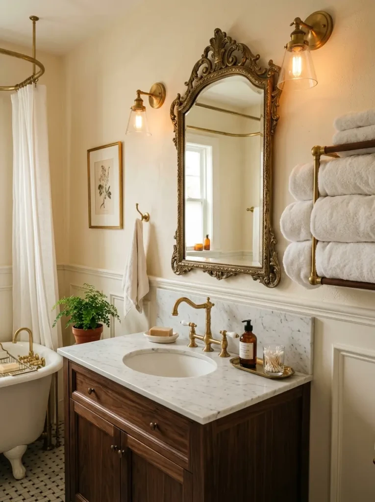 White towels hanging on a brass rack beside a vintage mirror and warm lighting.