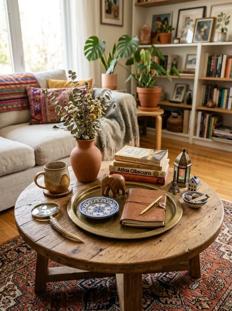 Vintage decor, souvenirs, and handmade ceramics arranged on a coffee table.