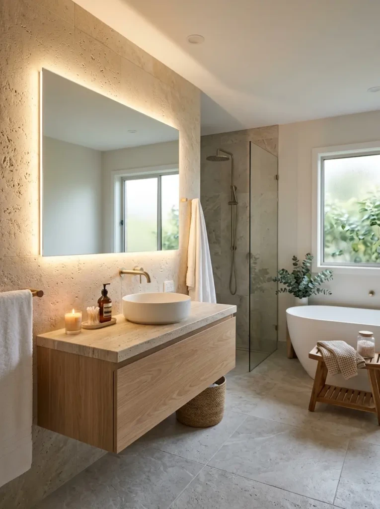 Contemporary bathroom with LED backlit mirror, warm glow, and calming spa-inspired atmosphere