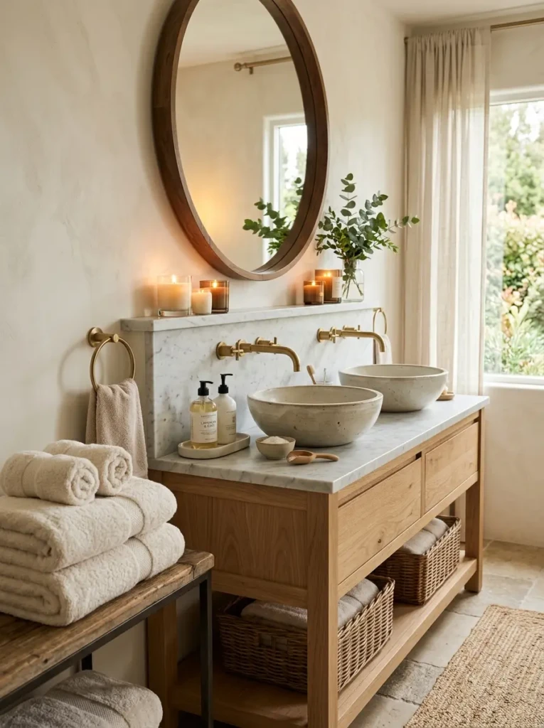 Peaceful bathroom sink area with candles, plush towels, warm lighting, and calming neutral tones.