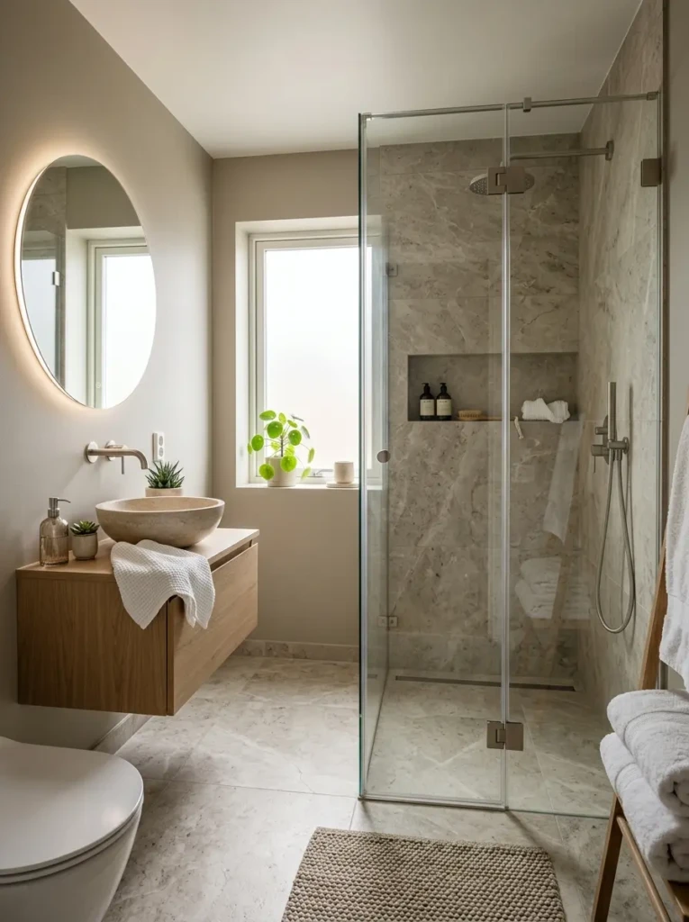 Elegant compact bathroom with a clear glass shower enclosure and seamless tile design.
