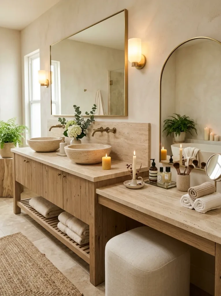 Relaxing bathroom vanity with makeup area, neutral colors, natural textures, candles, and spa-like atmosphere.