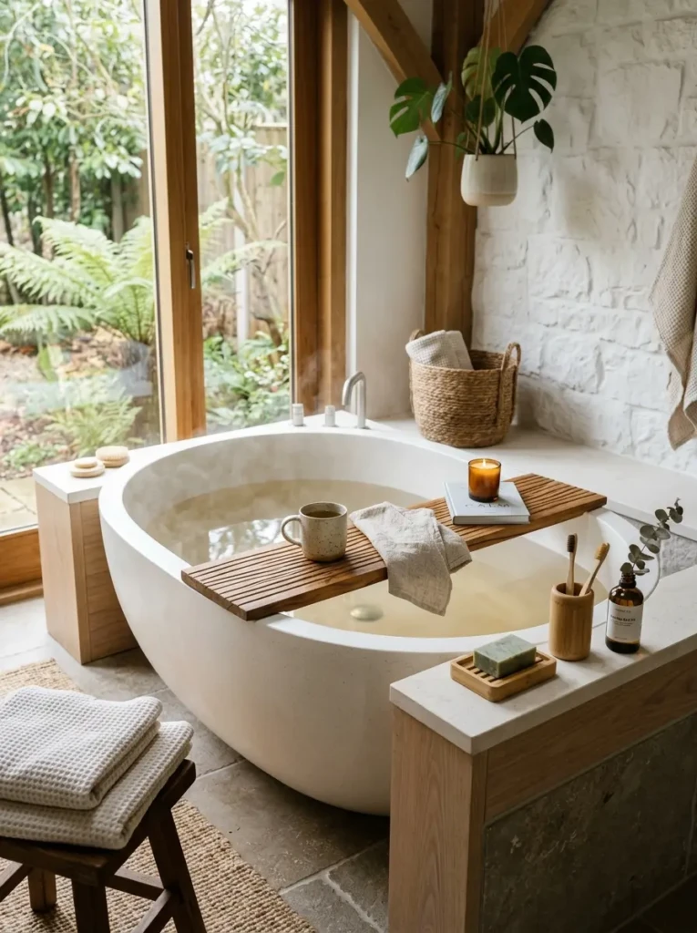 Teak and bamboo bathroom accessories adding warmth to a modern bathroom.