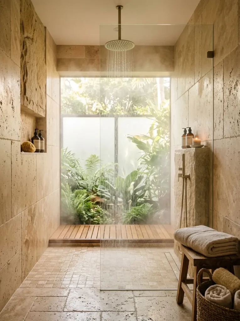 Serene shower with warm stone-look tiles creating a calming and luxurious spa environment.
