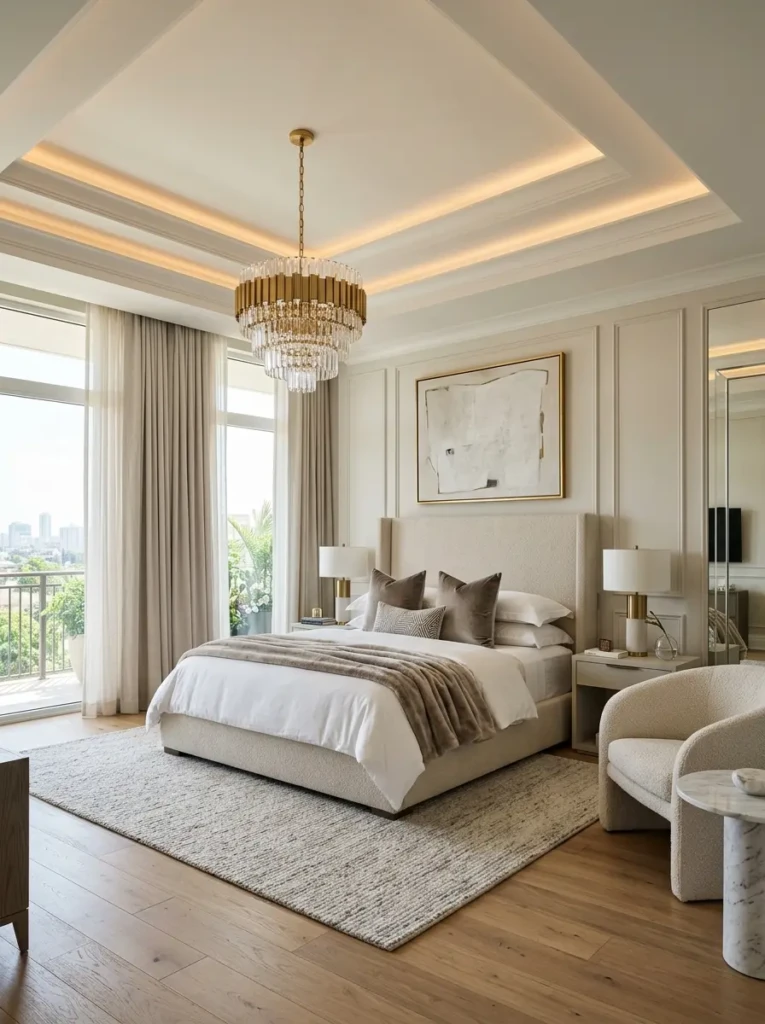Spacious bedroom featuring a layered tray ceiling with recessed lighting.
