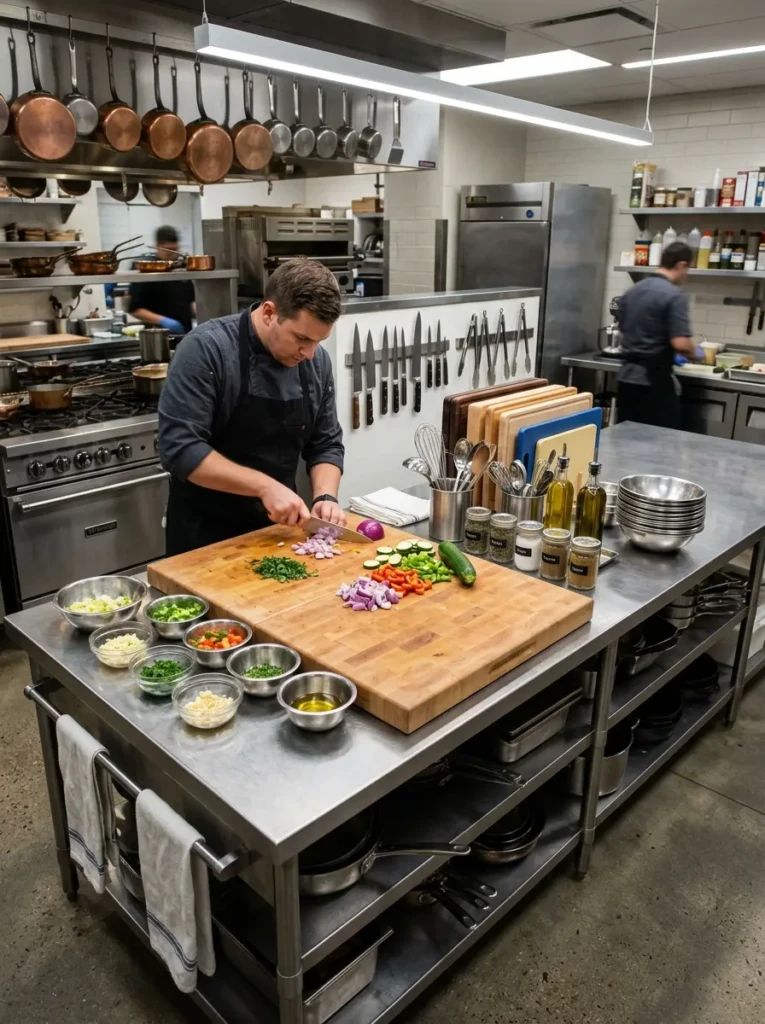 Spacious chefs kitchen prep area with ample countertop space, organized tools, and bright task lighting.