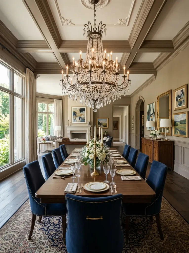 Large dramatic chandelier creating a bold focal point in a grand dining room.