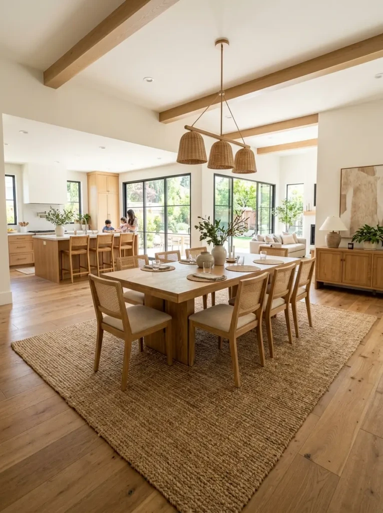 Spacious dining room featuring an oversized jute rug and coordinated wood finishes.