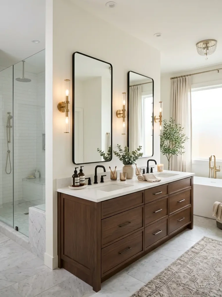 Spacious bathroom featuring two matching sinks, elegant mirrors, and symmetrical lighting fixtures.