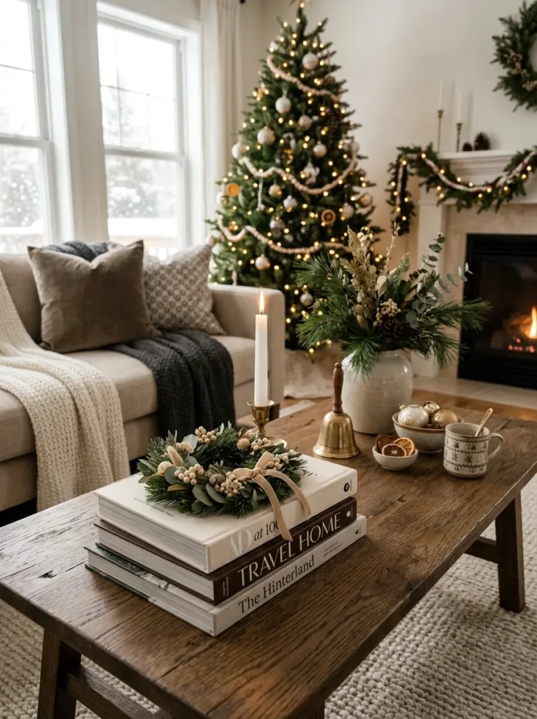 Stacked coffee table books decorated with holiday accents, candles, and festive seasonal accessories.