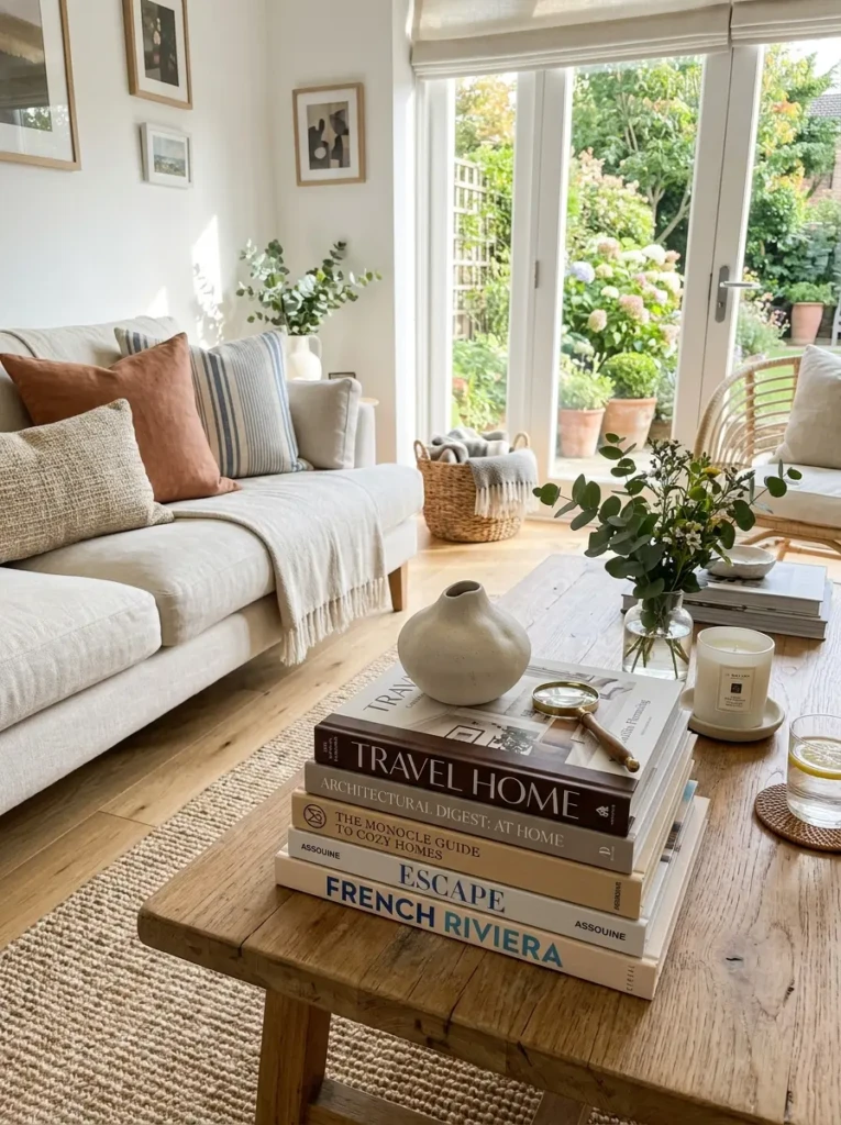 Stacked travel and design books styled on a bright and elegant coffee table