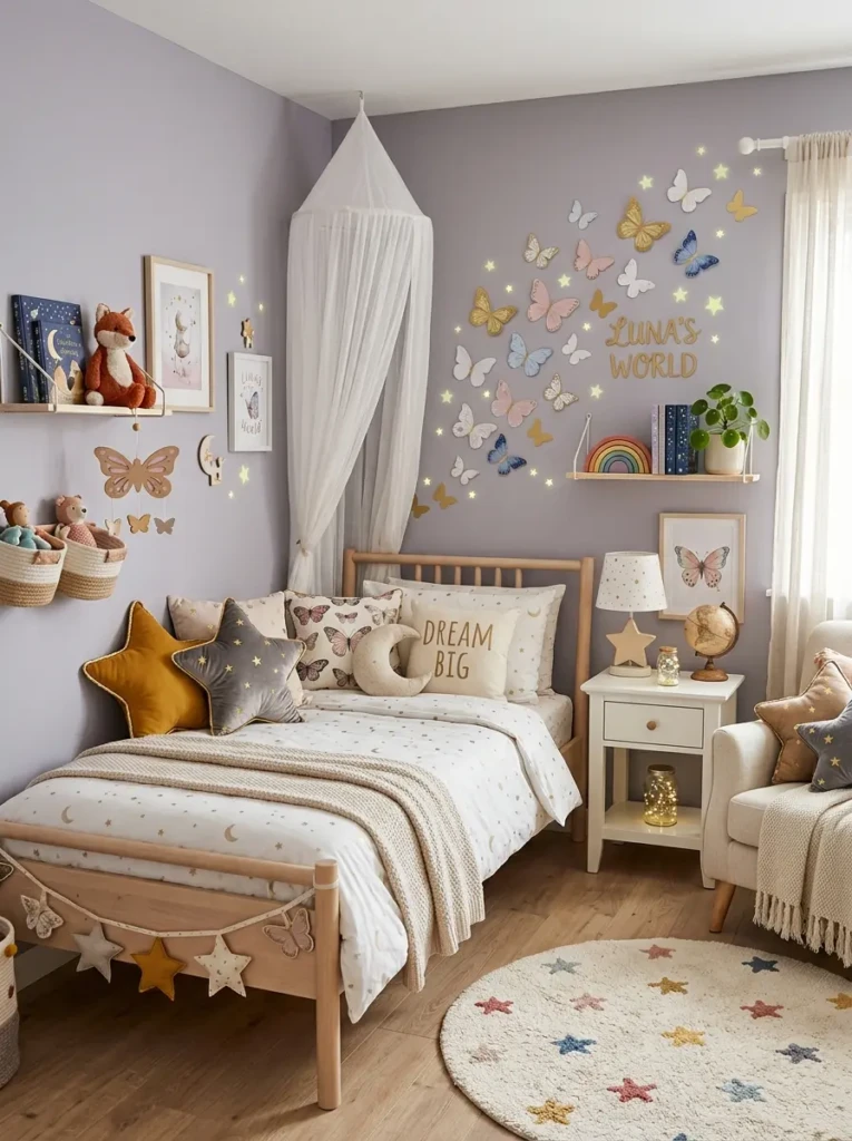 Star pillows and butterfly accents creating a whimsical bedroom atmosphere.