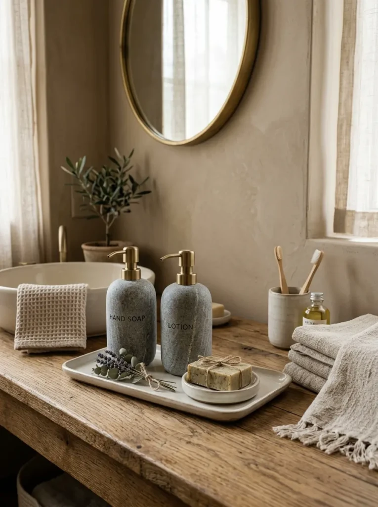 Stone trays, ceramic containers, and linen accents styled on a bathroom countertop.