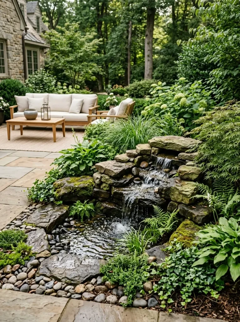 Compact stone water fountain surrounded by plants on a stylish patio.