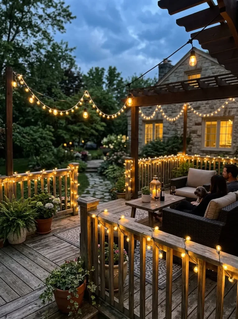 String lights hanging above a small patio creating a warm and inviting atmosphere.