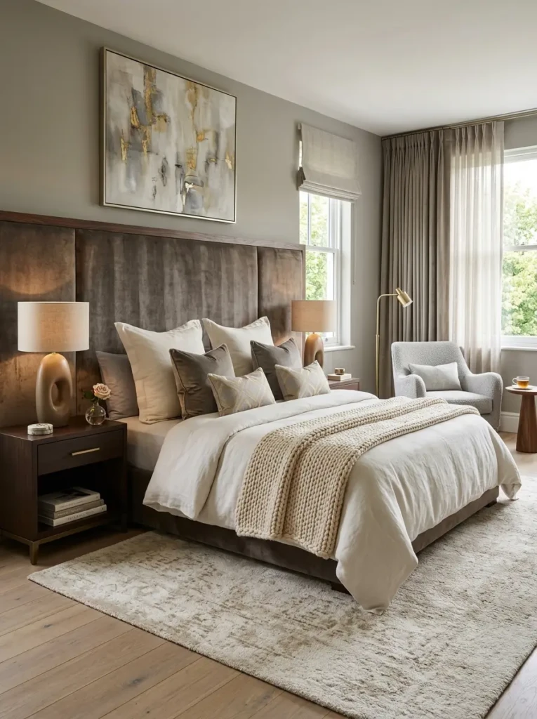 Stylish bedroom showcasing a tall upholstered headboard as the room's focal point.