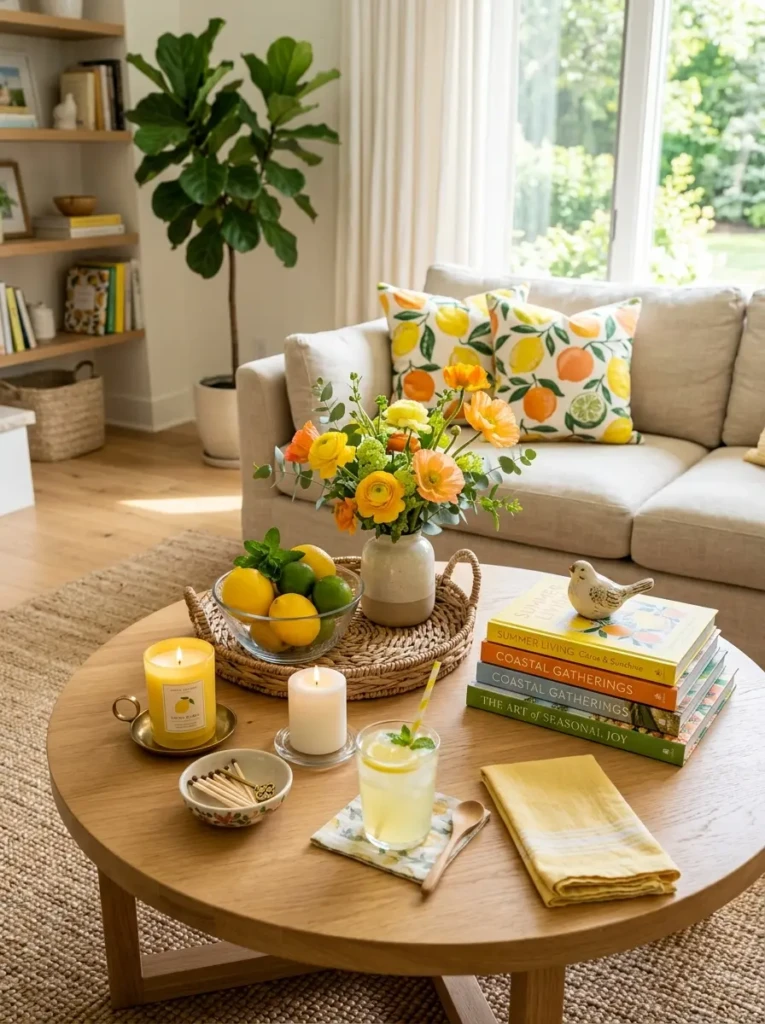 Coffee table styled with lemon yellow, orange, and green decorative accessories.