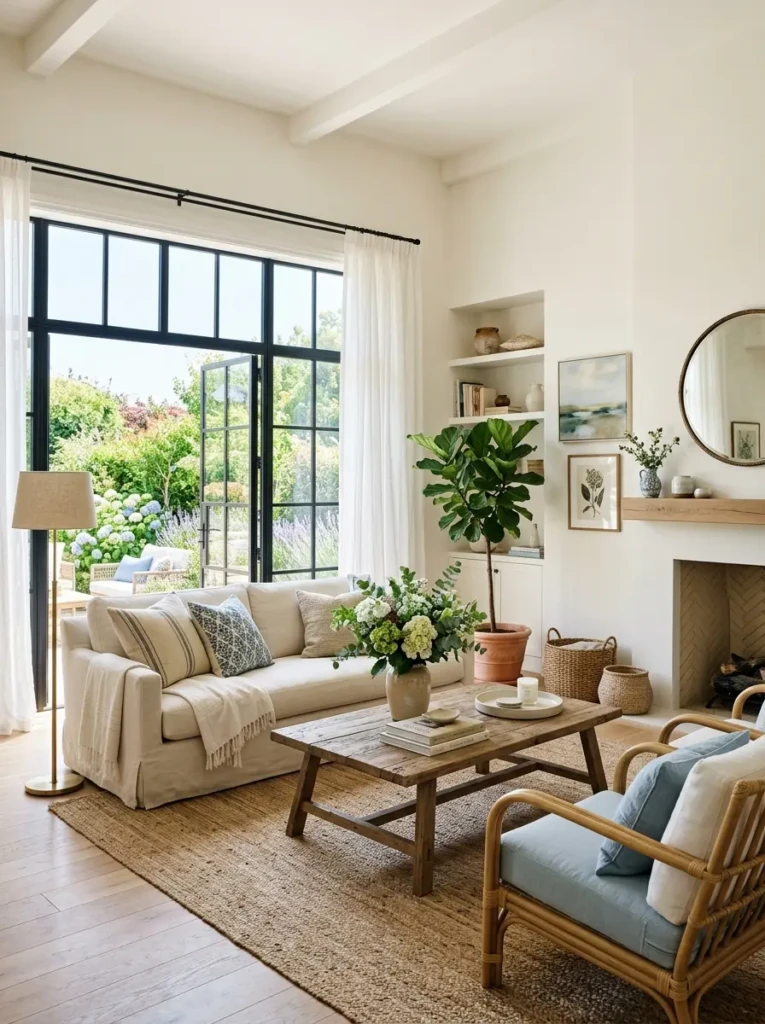 Elegant summer living room filled with sunlight, cozy details, and timeless charm.
