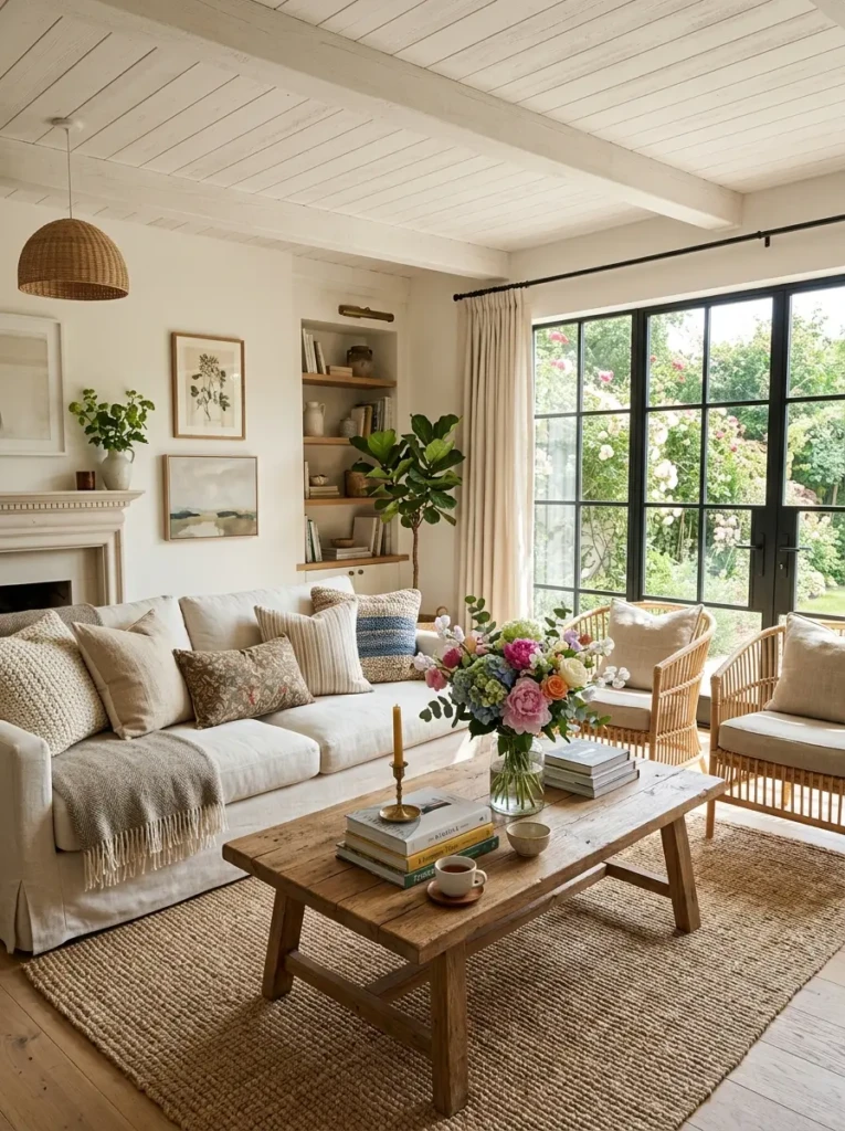 Finished summer living room with a stunning coffee table refresh and warm natural light.