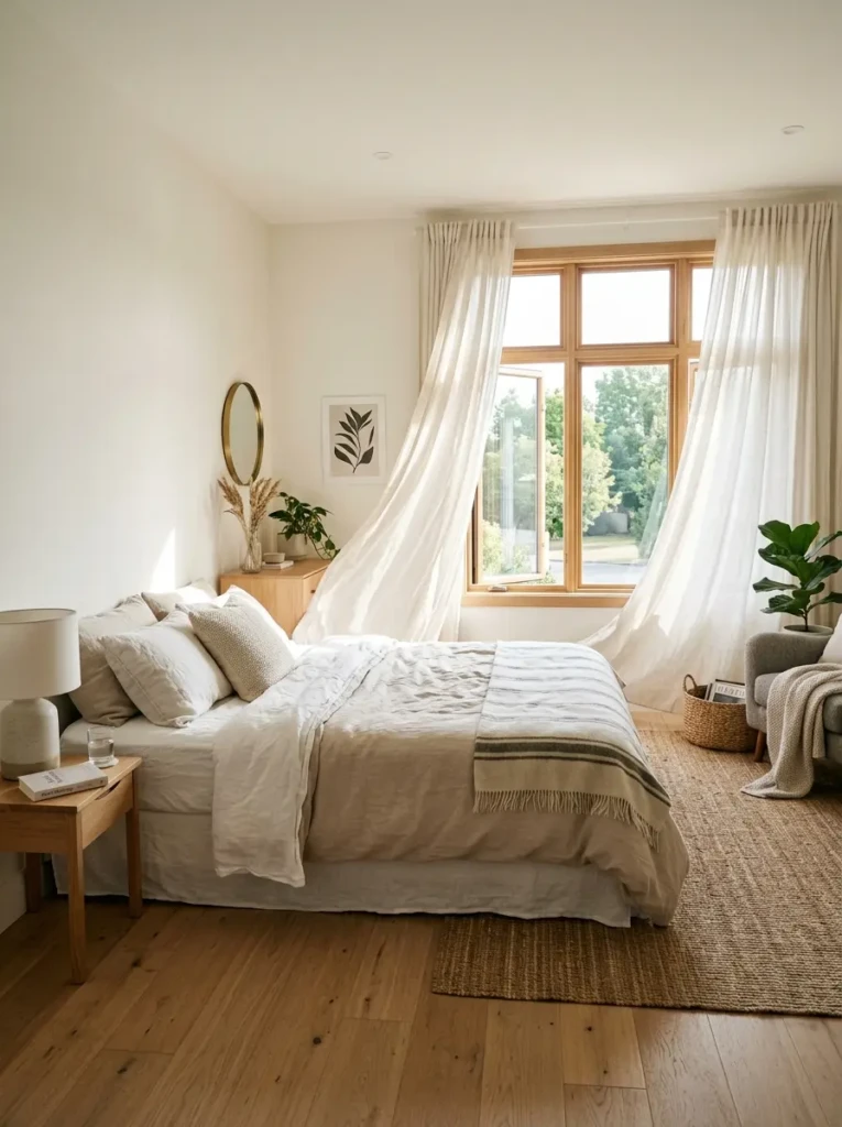 Sunlit bedroom with flowing linen curtains and soft natural light filling the space.