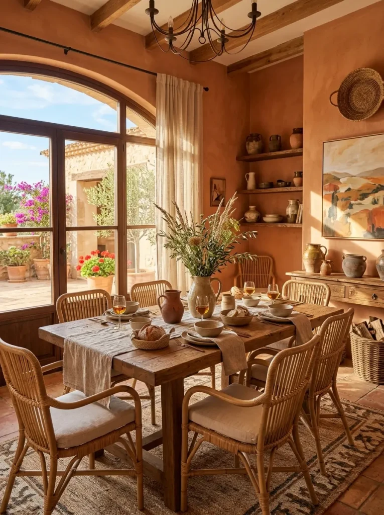 Sunlit dining room with terracotta walls, wooden dining table, clay pottery, and charming Mediterranean-inspired decor.