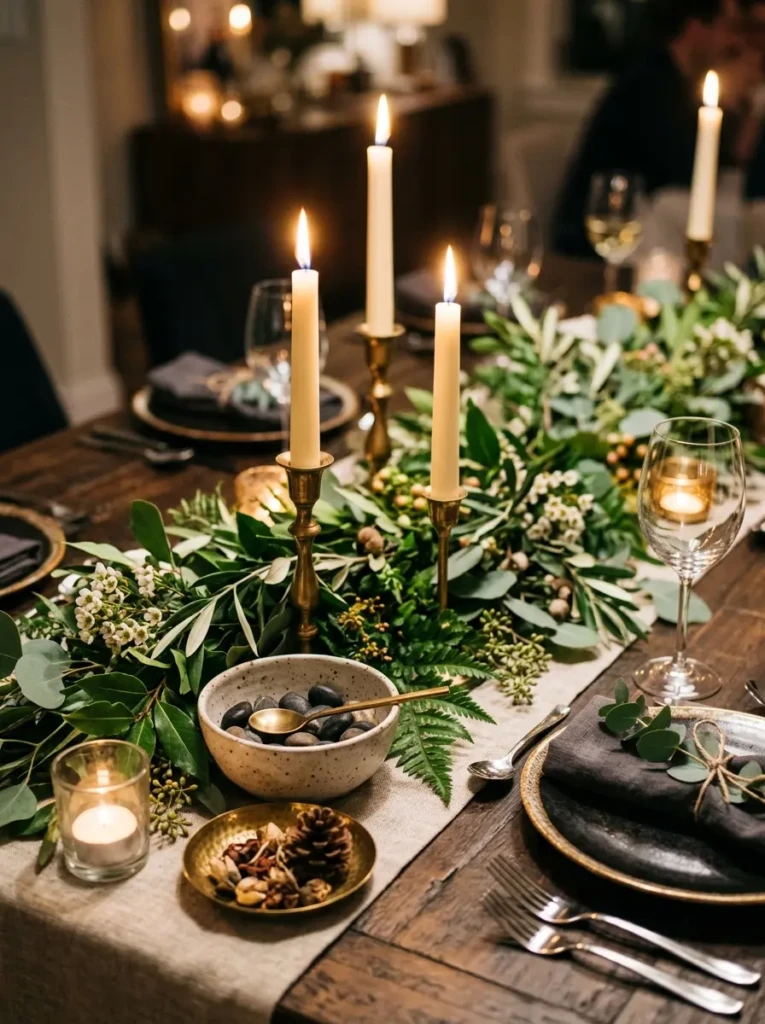 Decorative centerpiece featuring greenery, candles, and ceramic accessories