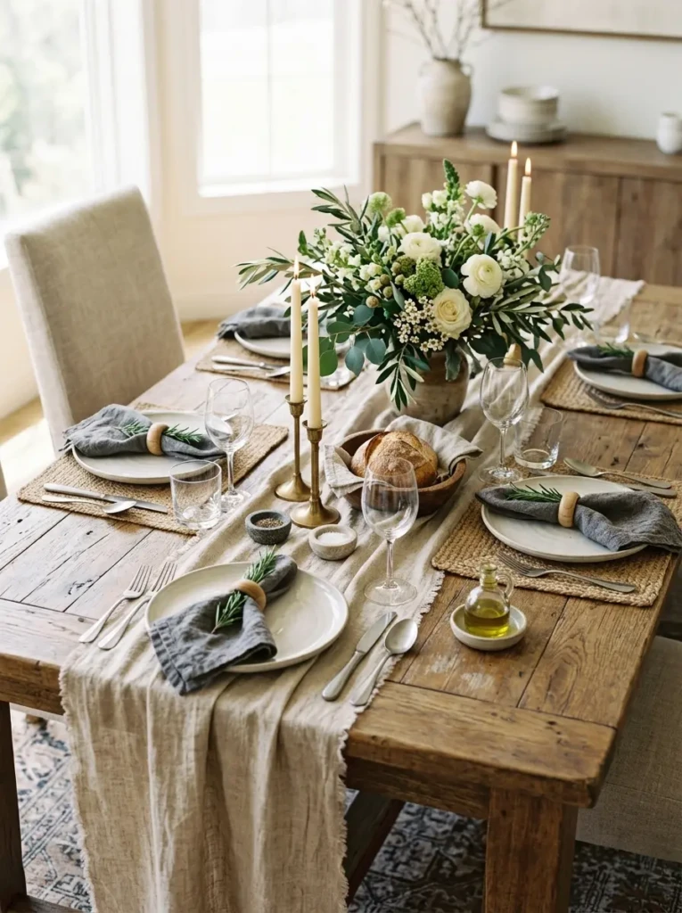 Sunlight filtering through relaxed linen curtains in a modern dining room.