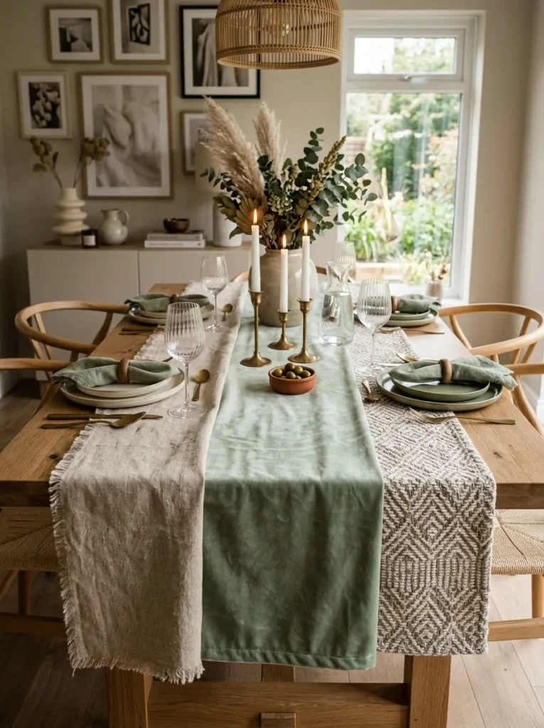 Neutral-colored table runners in linen and woven textures enhancing dining table decor.