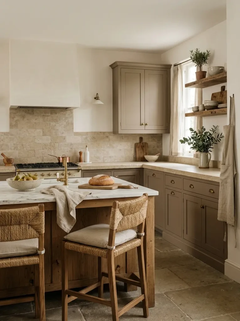 Taupe kitchen cabinetry enhanced by stone surfaces, wood elements, and cozy linen accents.