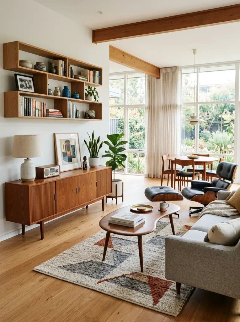 Teak and oak furniture bring timeless character to a stylish living room.