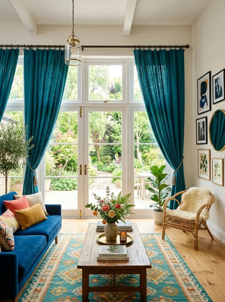 Stylish teal curtains framing large windows in a bright aesthetic living room.