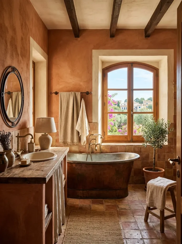 Mediterranean-style bathroom featuring terracotta walls, natural textures, and warm earthy tones.