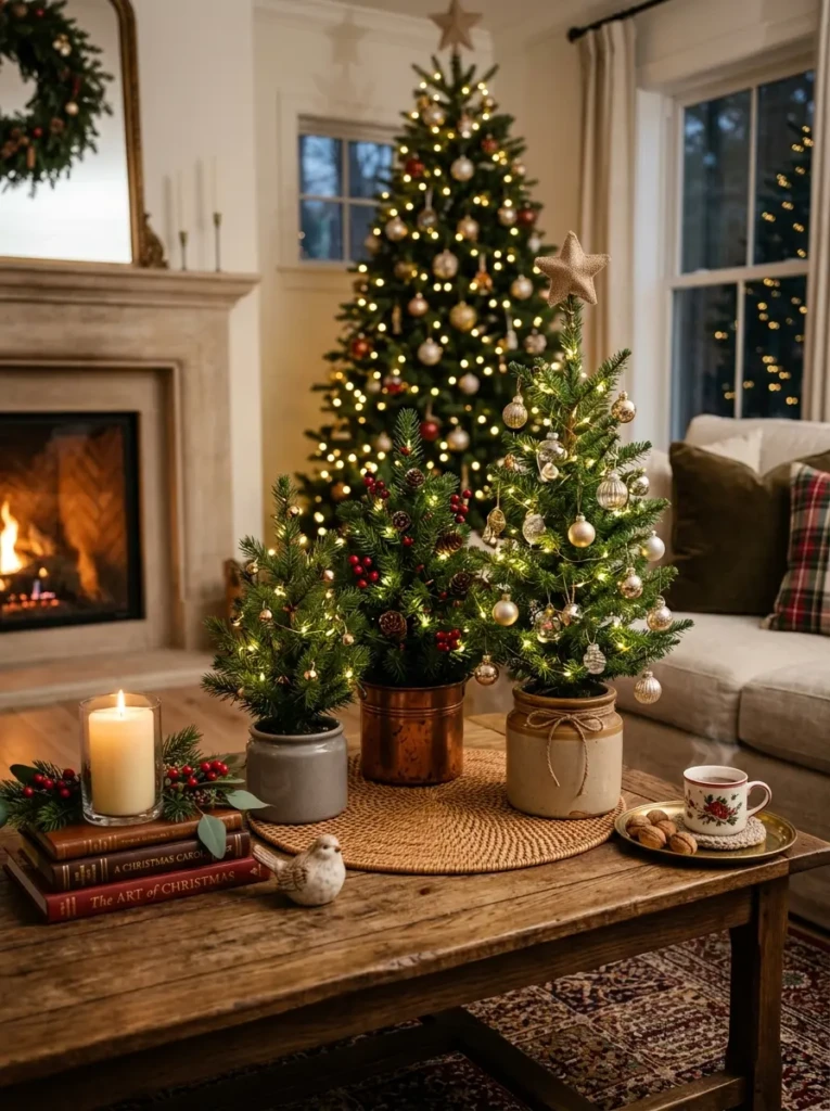 Group of miniature Christmas trees arranged at varying heights on a stylish coffee table