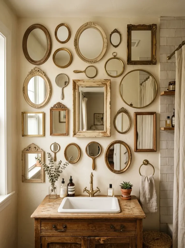 Charming bathroom showcasing an artistic arrangement of vintage mirrors and warm textures.