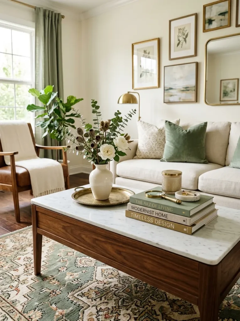 Sophisticated coffee table arrangement using sage green, brass, marble, and ivory accents.
