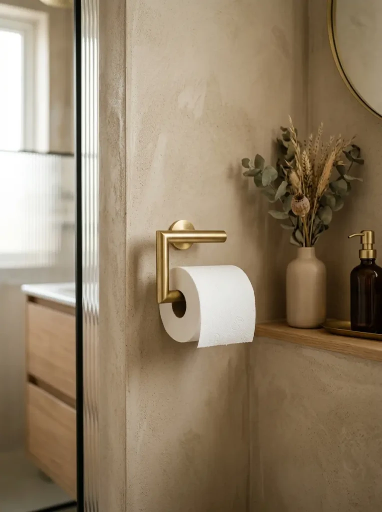 Brushed brass toilet paper holder mounted on a contemporary bathroom wall.