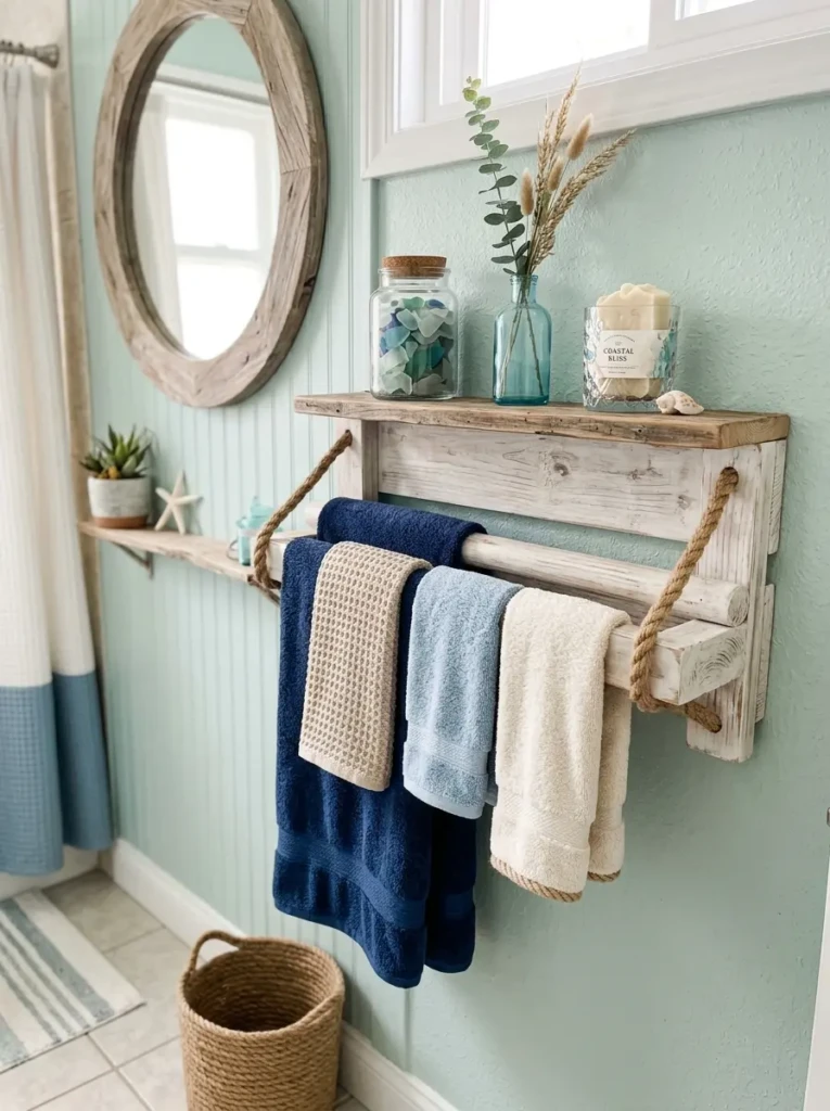 Whitewashed towel rack paired with blue and beige towels in a coastal-themed bathroom.
