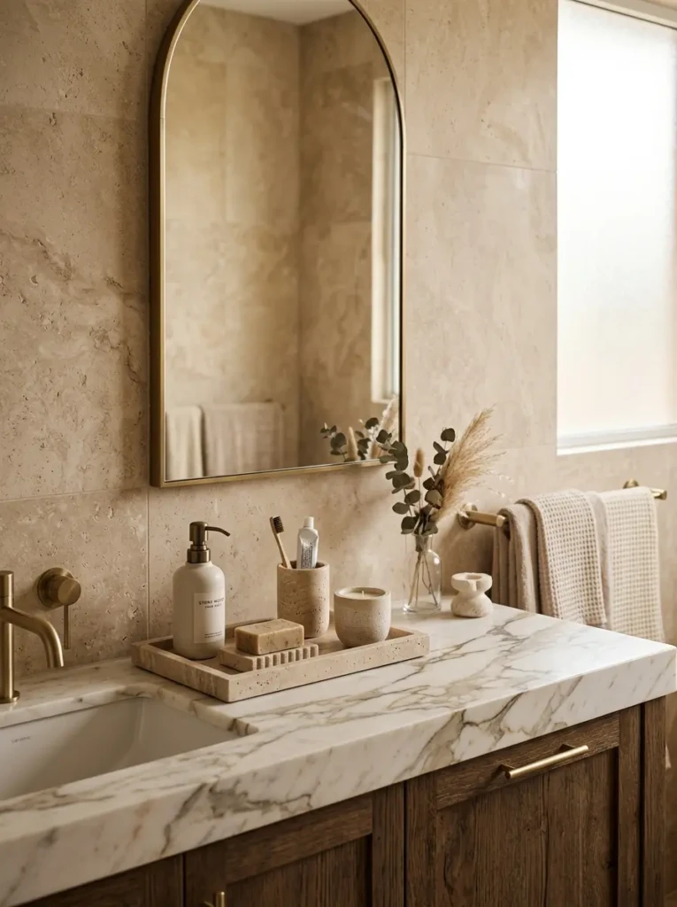 Bathroom decorated with travertine accessories and marble countertops