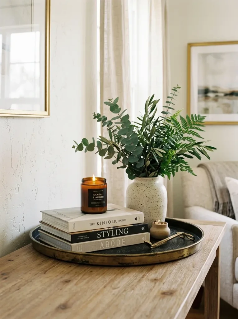 Tray, candle, and greenery arranged harmoniously on a modern coffee table.