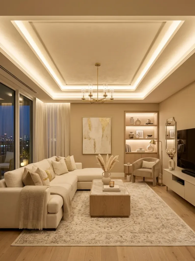 Modern tray ceiling enhanced by hidden LED lighting and warm neutral tones.