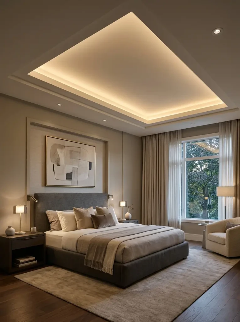 Sophisticated tray ceiling with hidden lighting and soft neutral bedroom colors.