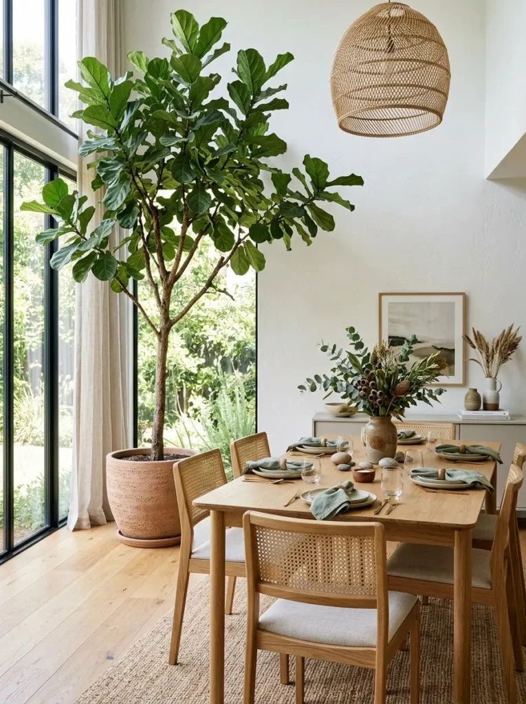 Organic modern dining room featuring tall olive branches in a ceramic vase.