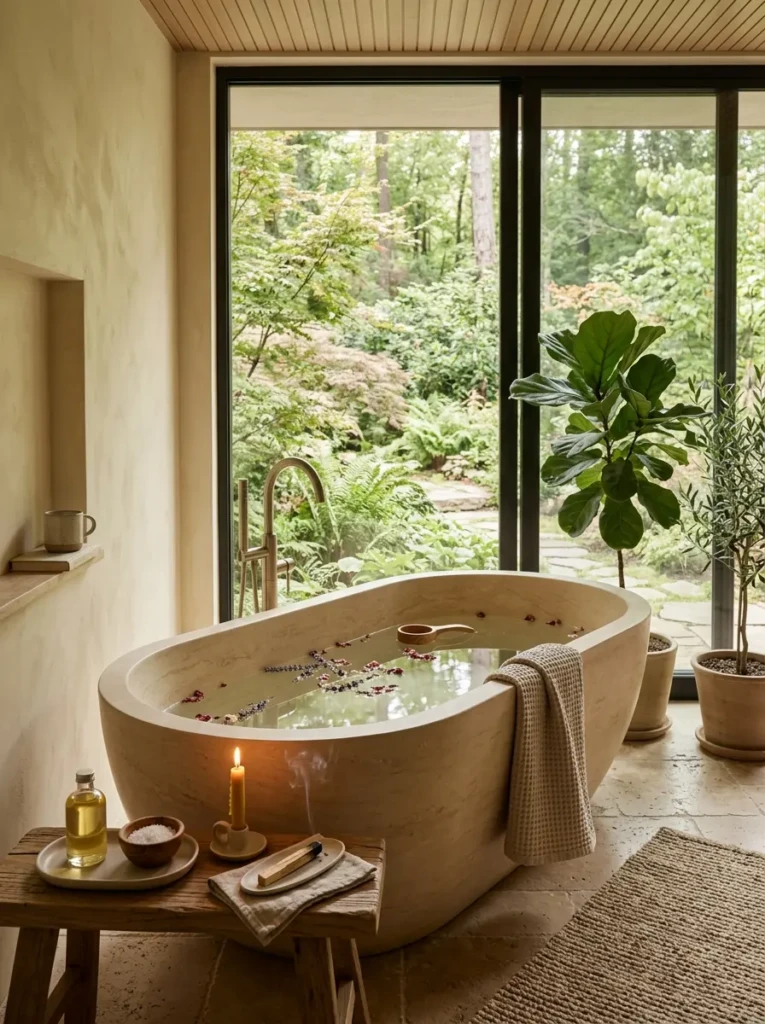 Sculptural bathtub near a large window creating a peaceful wellness retreat.